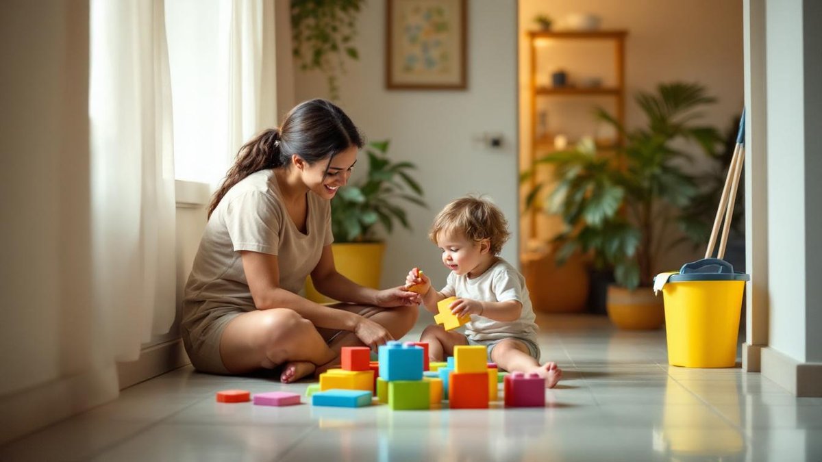 Babá brasileira brincando com criança na sala enquanto balde de limpeza e vassoura ficam esquecidos no canto do corredor