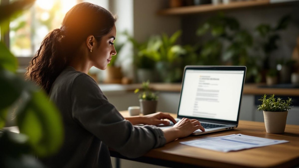 Mãe brasileira revisando documentos no laptop na cozinha de apartamento, com certidão impressa ao lado e plantas tropicais na janela