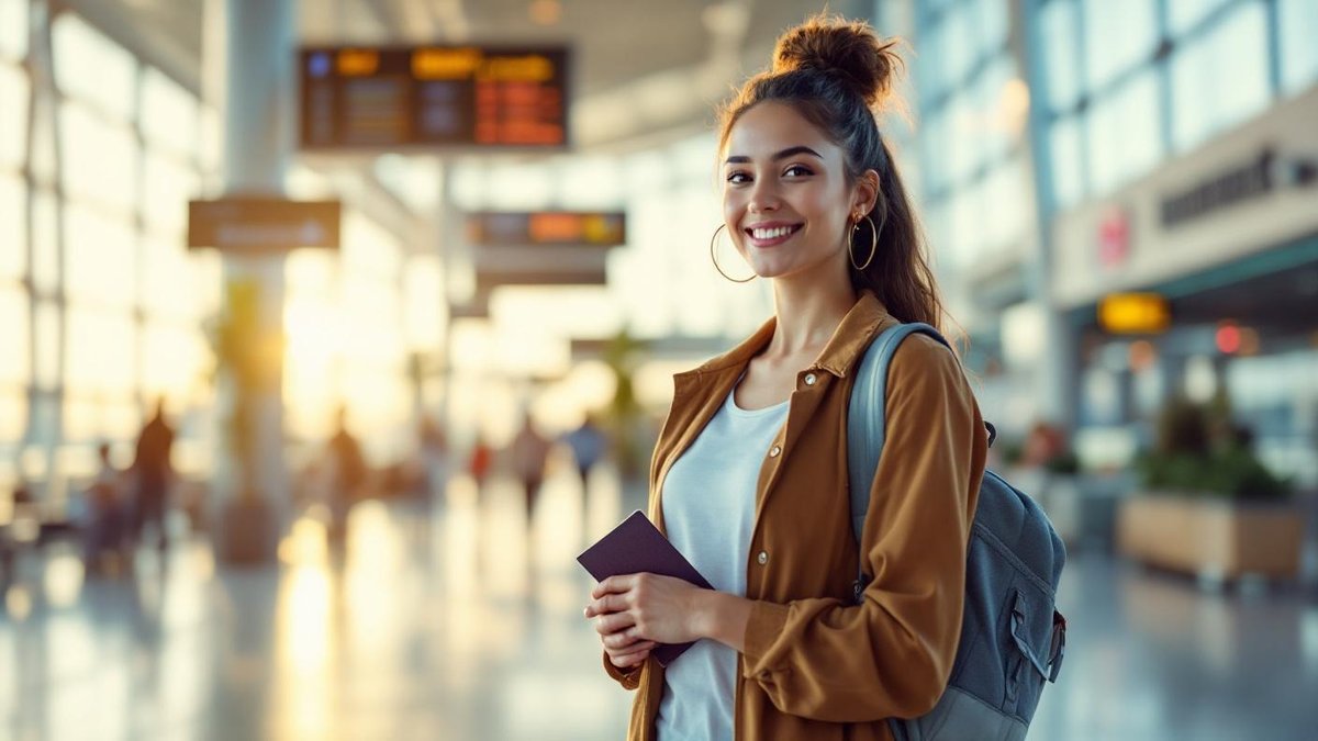 Jovem brasileira com mala de viagem e passaporte na mão em sala de embarque de aeroporto brasileiro, painel de voos ao fundo