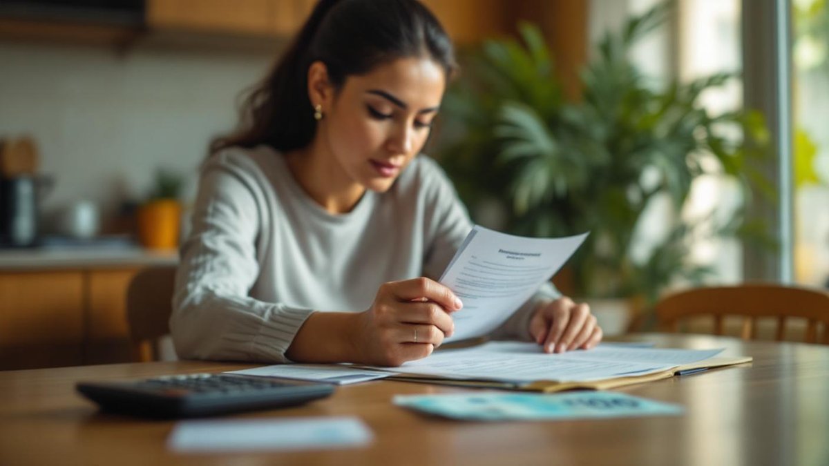 Mãe brasileira na mesa da cozinha revisando documentos de rescisão trabalhista ao lado de calculadora e notas de real