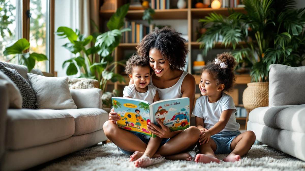 Babá brasileira sentada no chão de sala iluminada lendo livro infantil em inglês para duas crianças pequenas em apartamento de São Paulo