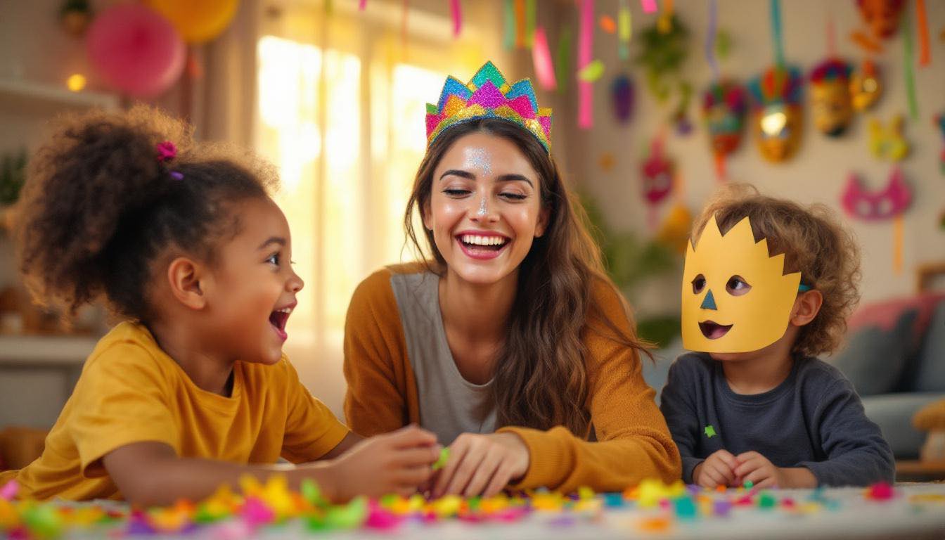 Babá brasileira fantasiada com tiara de Carnaval brincando com duas crianças em sala decorada com confetes e serpentinas coloridas