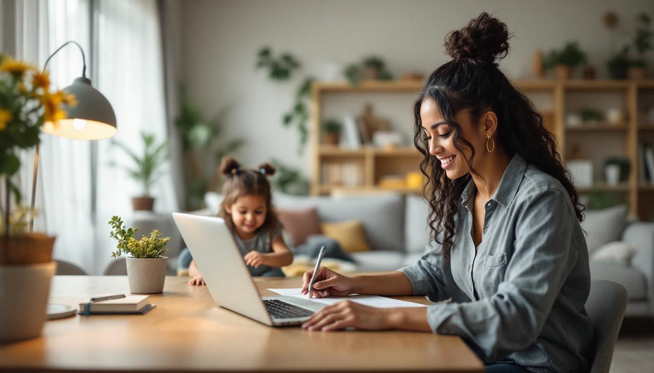 Mãe brasileira revisando documentos trabalhistas no laptop enquanto babá brinca com criança ao fundo na sala de estar