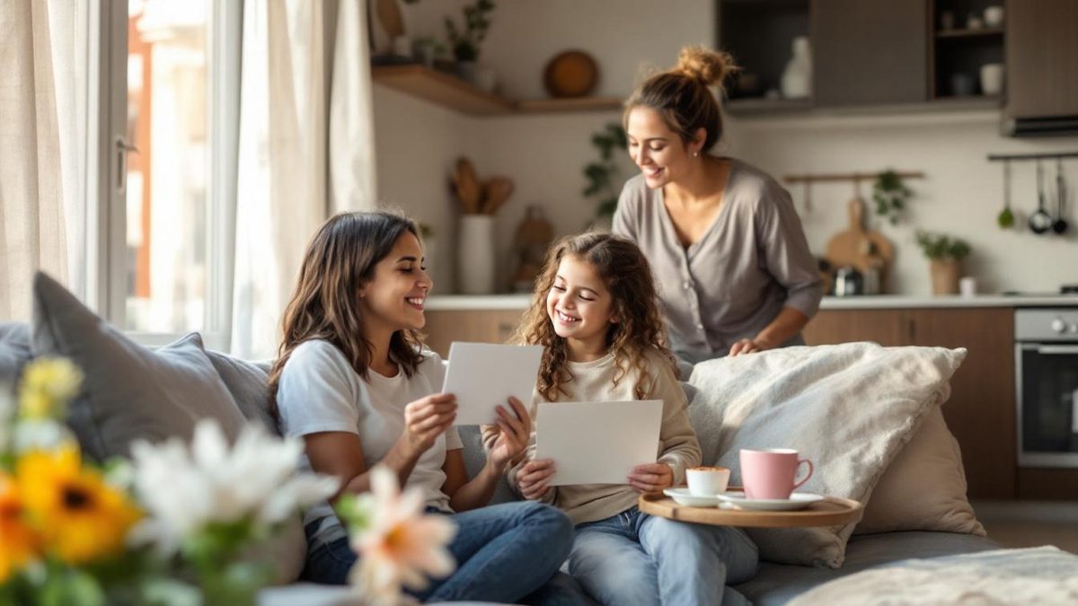 Mãe brasileira recebendo cartão artesanal da criança enquanto babá observa com sorriso da porta da cozinha em apartamento iluminado