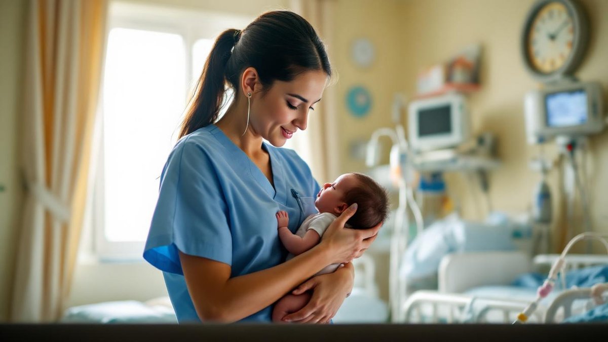 Enfermeira brasileira em uniforme azul segurando bebê pequeno em quarto residencial iluminado com equipamento médico ao fundo
