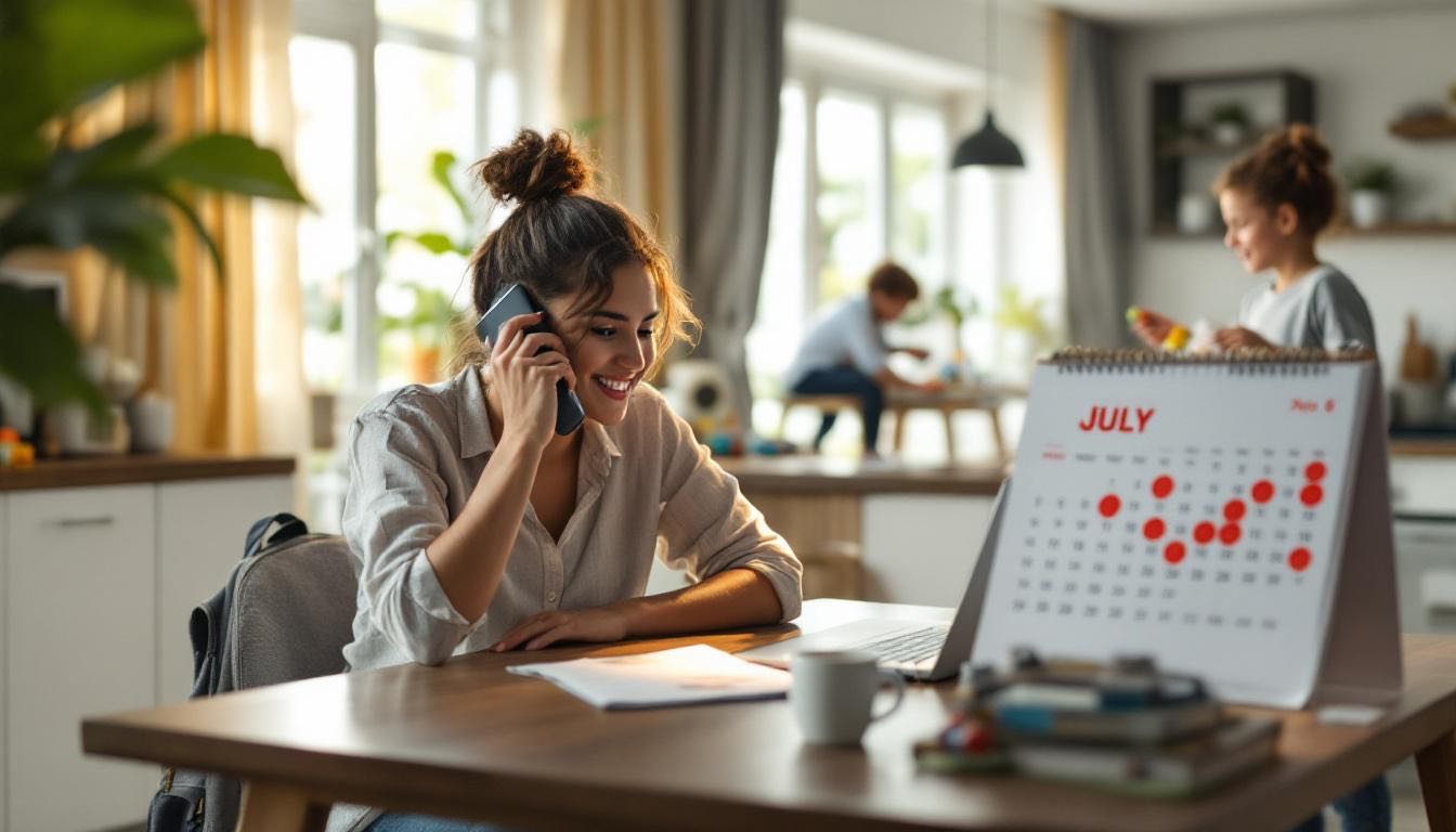 Mãe brasileira organizando calendário de férias na mesa da cozinha enquanto duas crianças brincam na sala ao fundo
