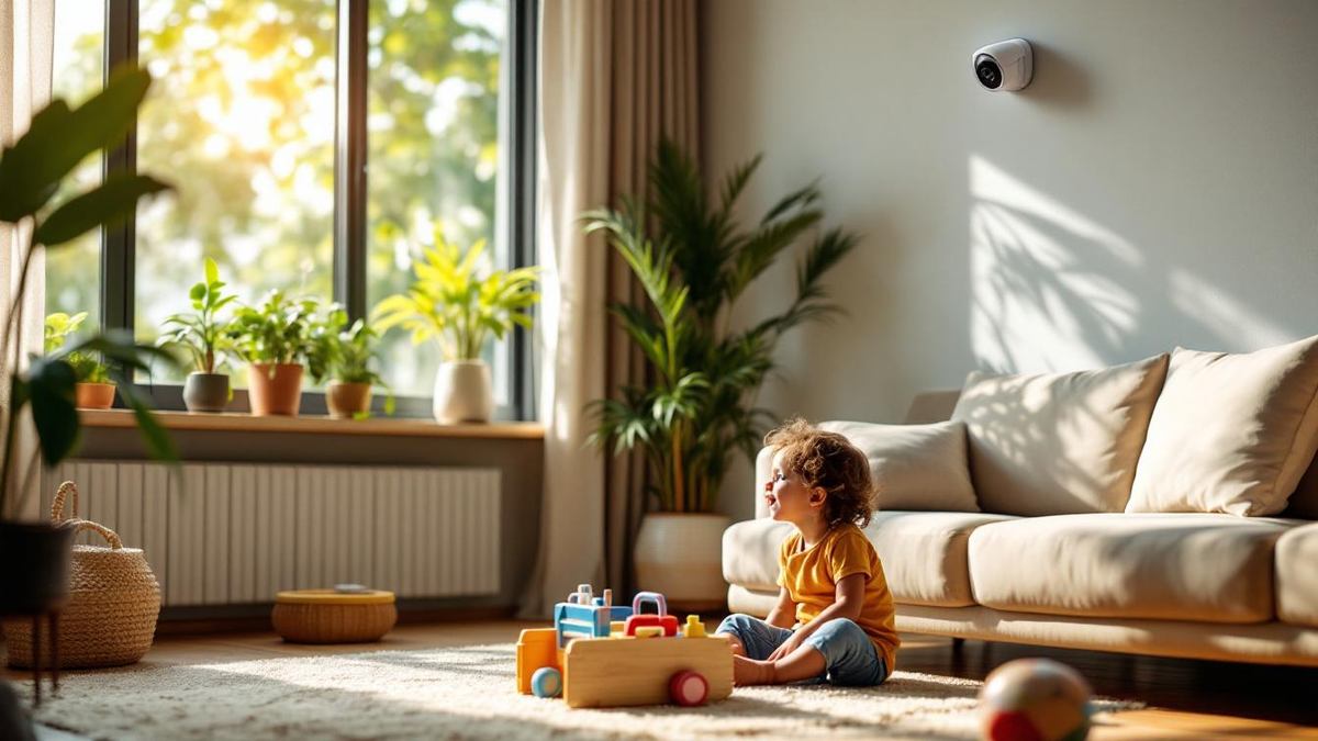 Câmera de segurança branca instalada no alto da parede de uma sala de estar brasileira com sofá e brinquedos infantis ao fundo