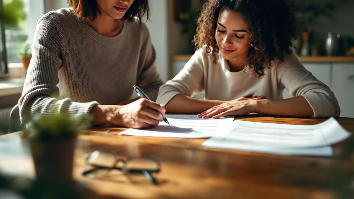 Mãe brasileira assinando contrato de trabalho na mesa de jantar com caneta e documentos ao lado da carteira de trabalho