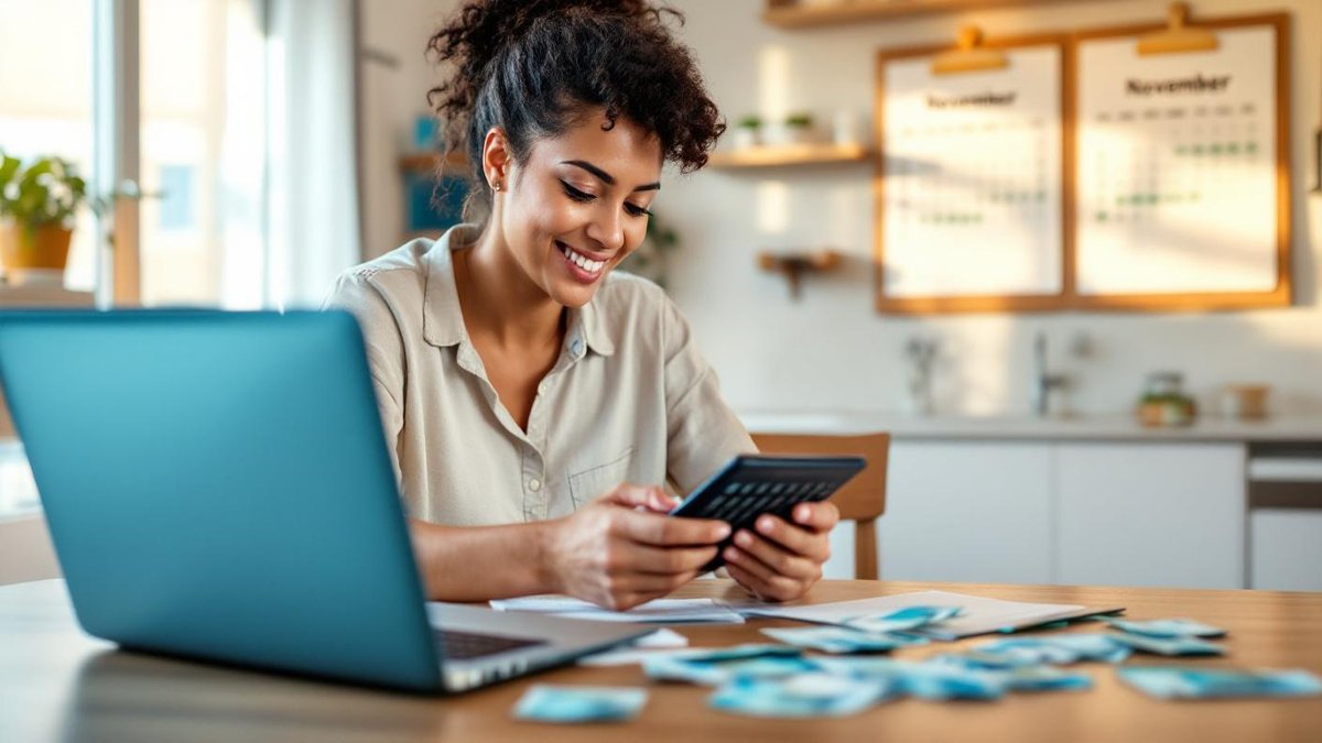 Mãe brasileira na mesa da cozinha com calculadora, notas de real e laptop com planilha aberta para calcular décimo terceiro