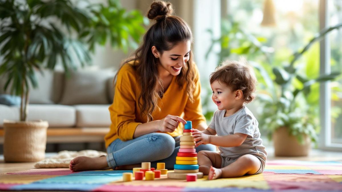 Babá brasileira sentada no tapete com criança pequena, ambas fazendo contato visual enquanto brincam com brinquedo educativo de empilhar em sala iluminada
