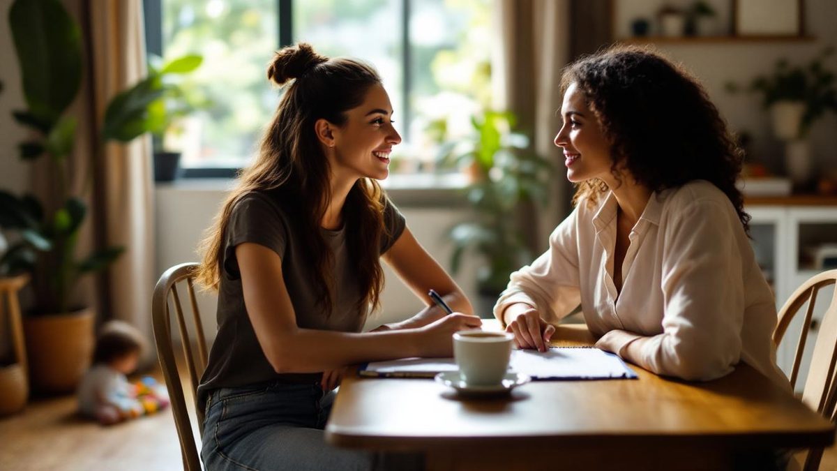 Mãe brasileira entrevistando candidata a babá na mesa da sala de estar com bloco de notas e café