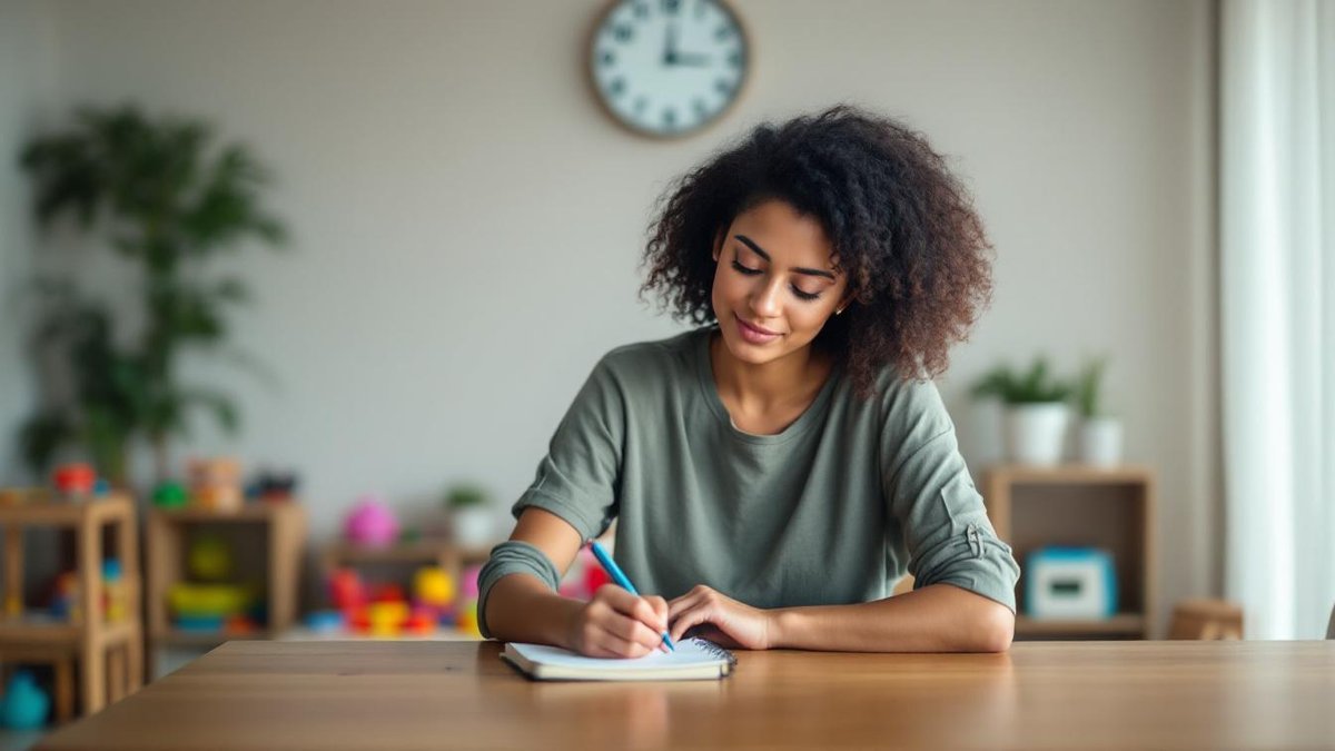 Mãe brasileira anotando horários em caderno de ponto na mesa da cozinha com relógio de parede ao fundo e brinquedos infantis na sala