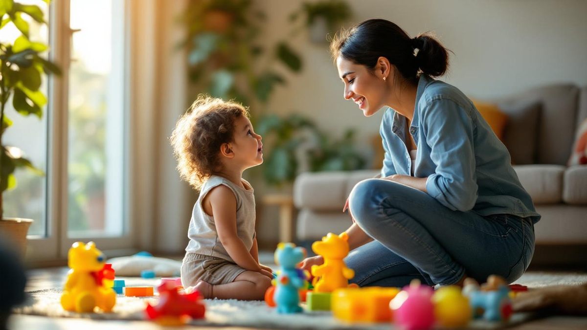 Babá brasileira ajoelhada na altura de criança pequena em sala iluminada, ambas com expressão atenta durante conversa calma com brinquedos ao fundo