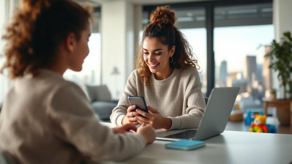Mãe brasileira em home office comparando plataformas de babá no laptop e celular, apartamento em São Paulo com vista urbana