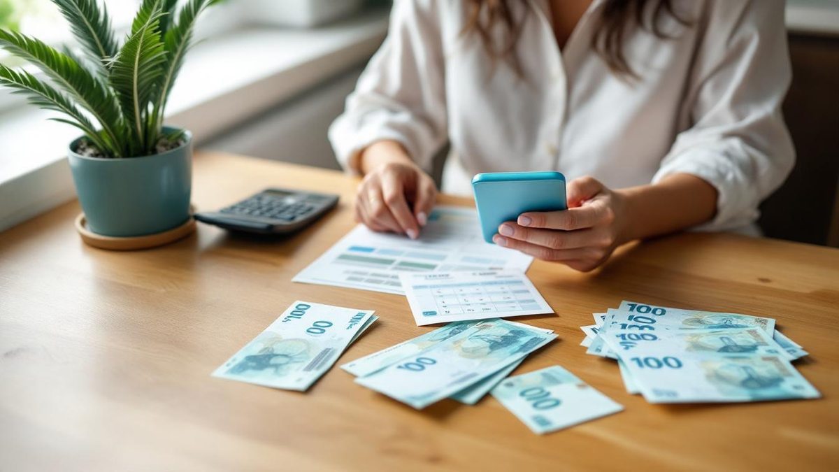 Mãe brasileira na mesa da cozinha com calculadora e notas de real planejando o orçamento para contratar babá mensal