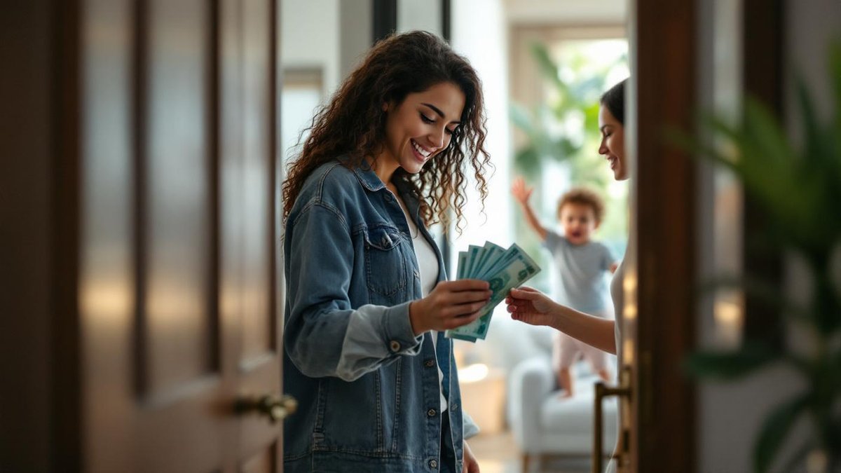 Mãe brasileira entregando notas de real para babá na porta de casa enquanto criança acena ao fundo na sala
