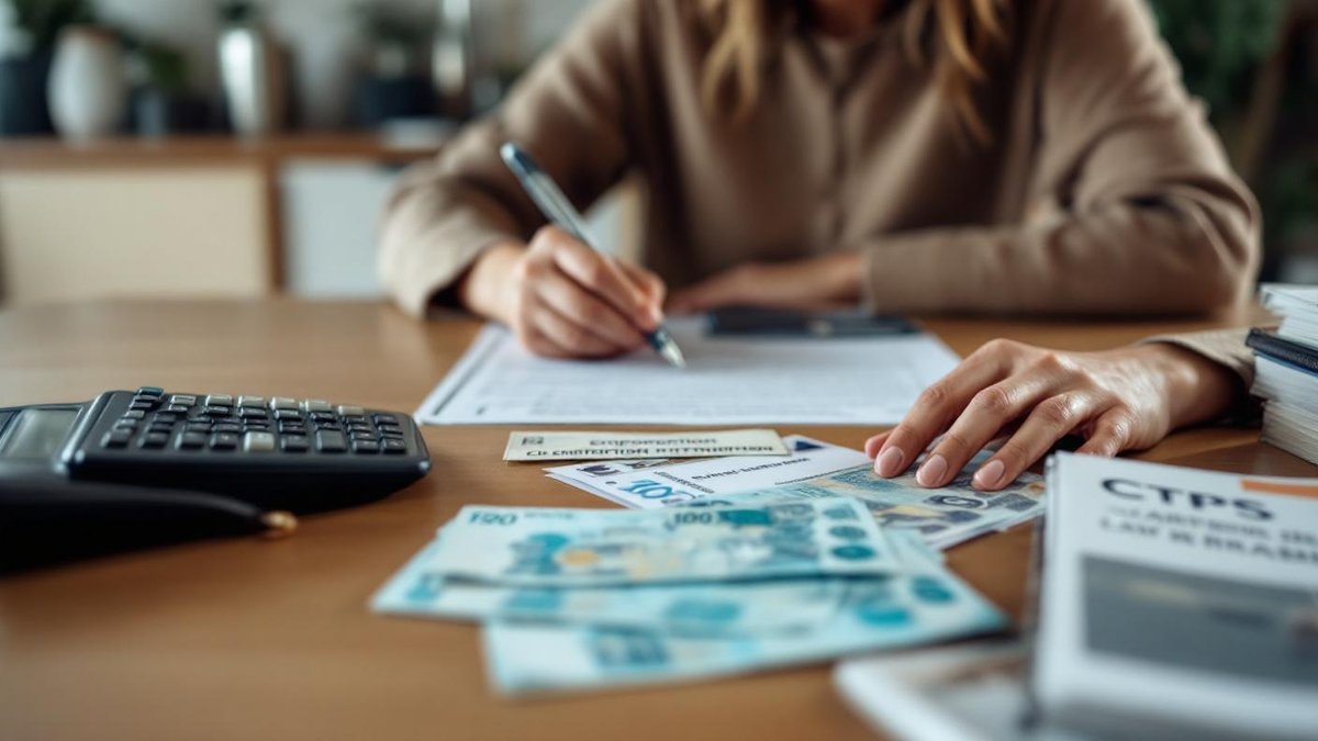 Mãe brasileira na mesa da cozinha com documentos de rescisão trabalhista, calculadora e notas de real ao lado da carteira de trabalho