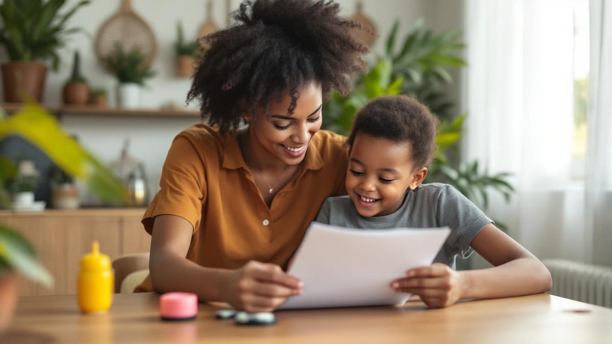 Mãe brasileira e babá sentadas à mesa da cozinha de apartamento em São Paulo revisando checklist de segurança infantil com produtos de proteção visíveis