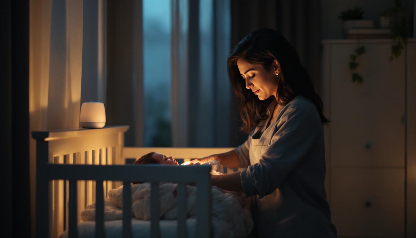 Babá brasileira colocando bebê adormecido no berço em quarto com luz noturna suave e cortinas blackout